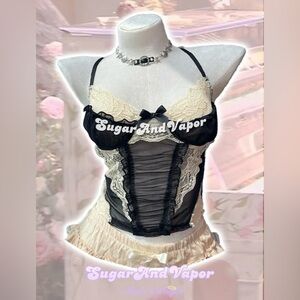 SugarAndVapor Irisa Black Mesh Princess Crop Tank Top y2k Dark Coquette Size S